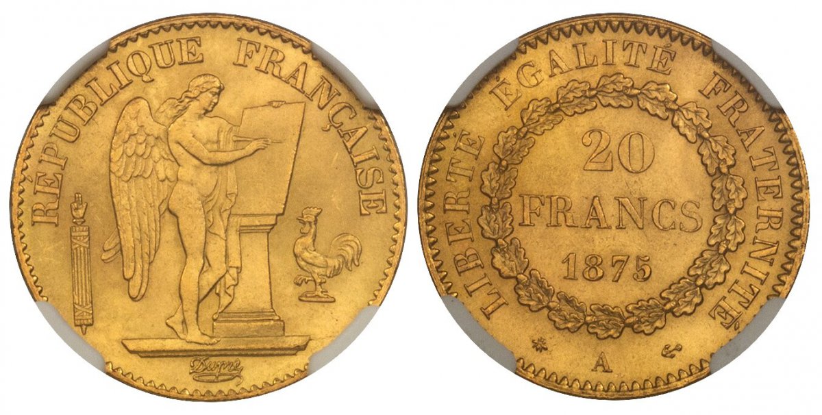 World Coins ("FRANCE. 1875-A AV 20 Francs. NGC MS66. Paris. Standing Genius writing the Constitution, rooster at right, fasces at left / Denomination above date within circular wreath. KM 825; Fr.-592; F.-533; Gad.-1073.
Please use this link to verify the NGC certif)