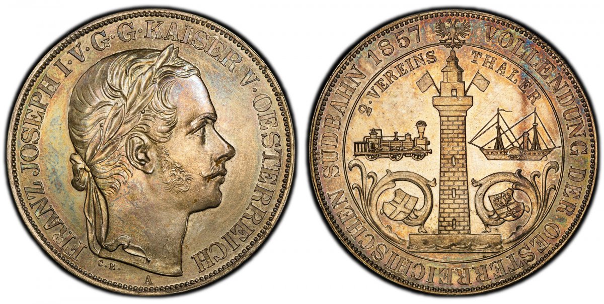 World Coins ("AUSTRIA. Franz Joseph I. (Emperor, 1848-1916). 1857-A AR 2 Thaler. PCGS MS62. By Carl Radnitzky. Vienna. 37.11gm. FRANZ JOSEPH I V G G KAISER V OESTERREICH. Laureate head right; wreath tips point between ""AI"" of ""KAISER"" / VOLLENDUNG DER OESTERREICH)