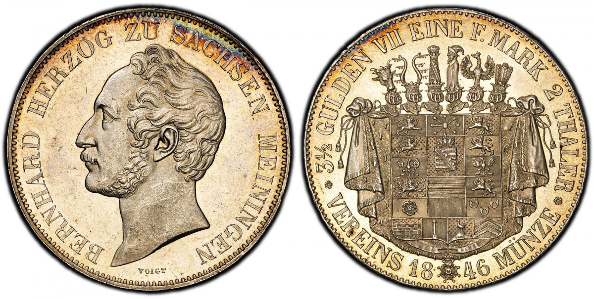 World Coins ("GERMAN STATES. Saxe-Meiningen. Bernhard II. 1846 AR 2 Thaler, 3-1/2 Gulden. PCGS MS63.  Munich. Edge: * CONVENTION * VOM * 30 IULY * 1838. 37.24gm. BERNHARD HERZOG ZU SACHSEN MEININGEN. Head left / 3 1/2 GULDEN VII EINE F. MARK 2 THALER * VEREINS date MU)