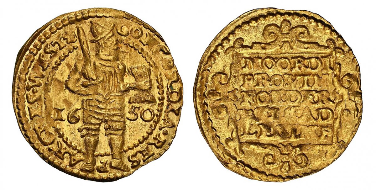World Coins ("NETHERLANDS. West Friesland. 1650-Cinquefoil AV Ducat. NGC MS63.  3.45gm. CONCORDIA RES PAR - VAE - CRES(CVNT) WEST(F). Ruler standing facing divides date in dotted inner circle. / MO ORDI / ROVIN / FOE DER / BELG AD / LEG IMP. Inscription within ornamen)