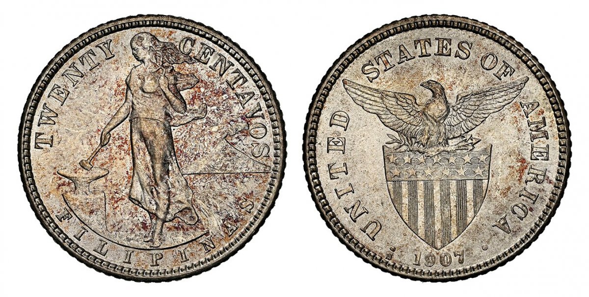 World Coins ("PHILIPPINES. Administration Period. (1901-1935). 1907-S AR 20 Centavos. NGC MS65.  U.S. Mint, San Francisco. Edge: Reeded. Female standing beside hammer and anvil / Eagle above stars and striped shield. KM 170.

Currently the finest known as of December )