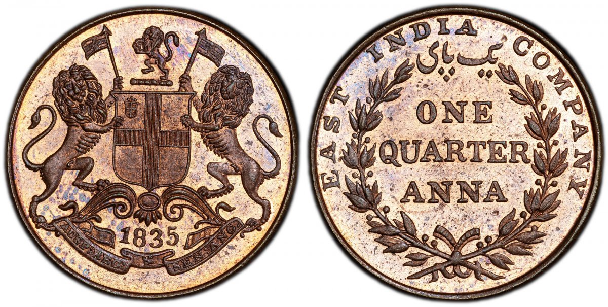 World Coins ("INDIA-BRITISH. 1835 CU 1/4 Anna. PCGS PR64RB (Red-Brown) Original Striking.  Arms with supporters / EAST INDIA COMPANY// ONE QUARTER ANNA. Value within wreath. KM 446.1; SW 1.90a.

Please use this link to verify the PCGS certification number <a href=""ht)