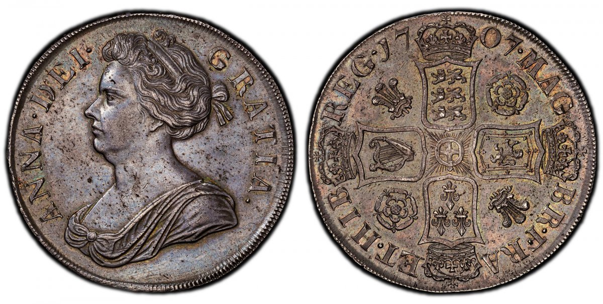 World Coins ("GREAT BRITAIN. Anne. (Queen, 1702-1714). 1707 AR Crown. PCGS MS61.  Edge: SEXTO. ANNA · DEI · - GRATIA ·. Bust left / MAG - BR · FRA - ET · HIB - REG ·. Roses and plumes in alternating angles. KM 519.3; SCBC-3578; ESC-102; Davenport 1340.

Please use thi)