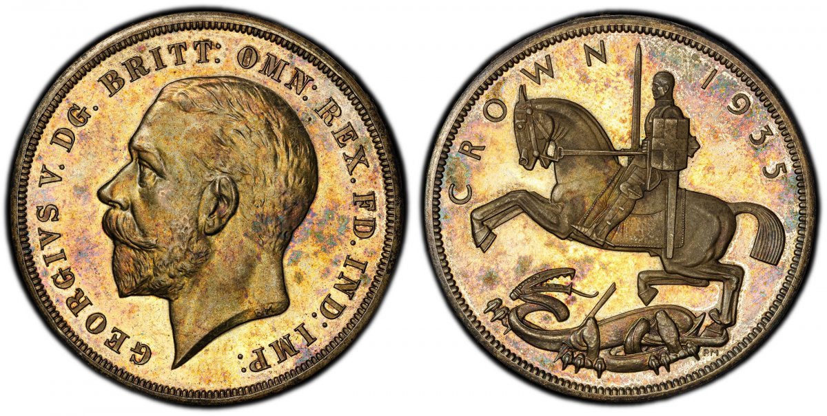 World Coins ("GREAT BRITAIN. George V. (King, 1910-1936). 1935 AR Crown. PCGS PR65.  Edge: Lettered. Head left / St. George slaying the dragon. KM 842. Proof. Raised edge lettering; SCBC-4050; ESC-378; Dav.-111.

Struck in .925 silver.
Includes original case.

Please )