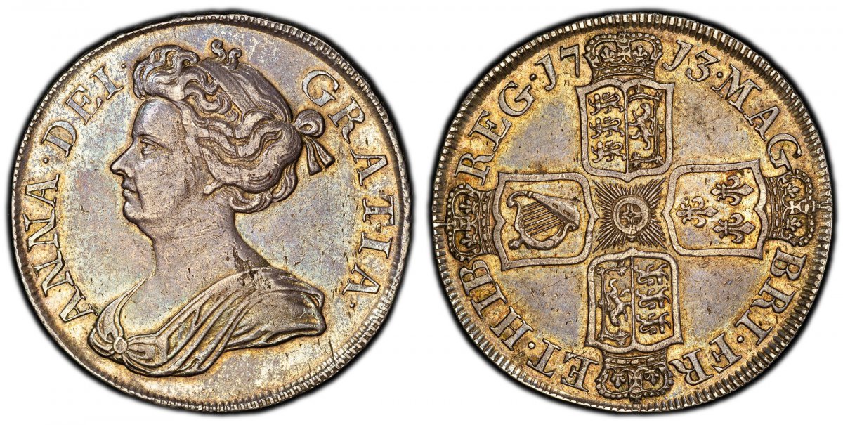 World Coins ("GREAT BRITAIN. Anne. (Queen, 1702-1714). 1713 AR Halfcrown. PCGS AU58.  Edge: DVODECIMO. ANNA · DEI · - GRATIA ·. Bust left / MAG - BRI · FR - ET · HIB - · REG ·. English and Scottish shield halved;plain in angles. KM 525.1; SCBC-3604; ESC-1376; (Prev. E)