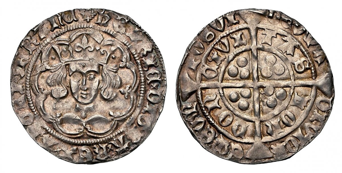 World Coins ("GREAT BRITAIN. England. Henry VI. (King, First Reign, 1422-61). (1445-1454) ND AR Groat. NGC MS64.  Tower (London) Mint. 3.90gm. Crowned facing bust; a pellet each side of crown with two extra pellets by hair and a leaf on breast / Long cross pattée; tri)