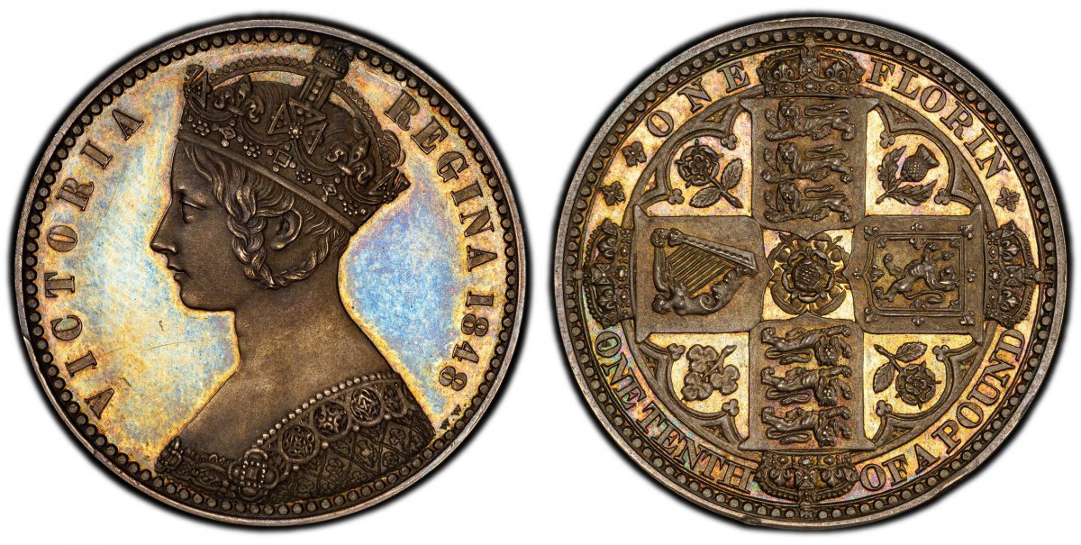 World Coins ("GREAT BRITAIN. Victoria. (Queen, 1837-1901). 1848 AR Pattern Gothic Florin, Two Shillings. PCGS PR65.  London. Edge: Plain. VICTORIA REGINA. Crowned bust left / Crowned shields of England, Scotland and Ireland in cross formation with flowers at corners. )