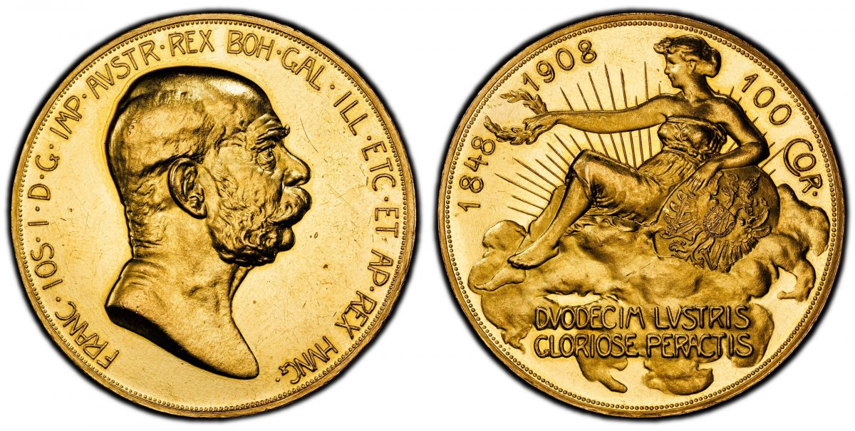World Coins ("AUSTRIA. Franz Joseph I. (Emperor, 1848-1916). 1908 AV 100 Corona. PCGS MS62PL (Prooflike). Kremnitz. Edge: Incuse lettering, VIRIBVS VNITIS. FRANC·IOS·I·D·G·IMP·AVSTR·REX BOH·GAL·ILL·ETC·ET AP·REX HUNG·. Head right / 1848 1908 100 COR · with DVODECIM L)