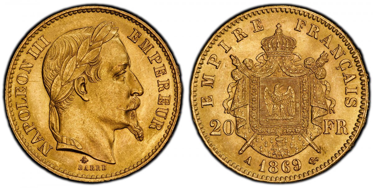 World Coins ("FRANCE. Napoleon III. (Emperor, 1842-1870). 1869-A AV 20 Francs. PCGS MS65. Paris. NAPOLEON III EMPEREUR. Laureate head right / EMPIRE FRANCAIS. Crowned and mantled arms divide denomination. KM 801.1; Gad.-1062; F.-532.
Please use this link to verify t)