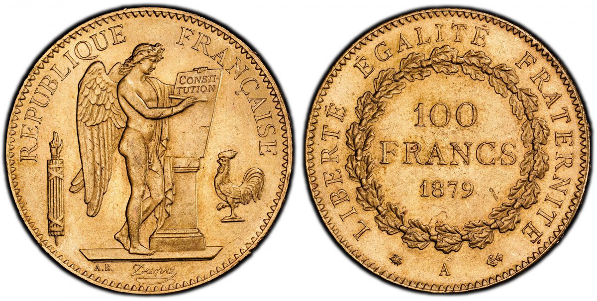 World Coins ("FRANCE. 1879-A (anchor) AV 100 Francs. PCGS MS64.  Paris. Edge: DIEU PROTEGE LA FRANCE. Standing Genius writing the Constitution, rooster on right, fasces on left / Denomination above date within circular wreath. KM 832; Gad.-1137; F.-552 (Ancre Barrée).)