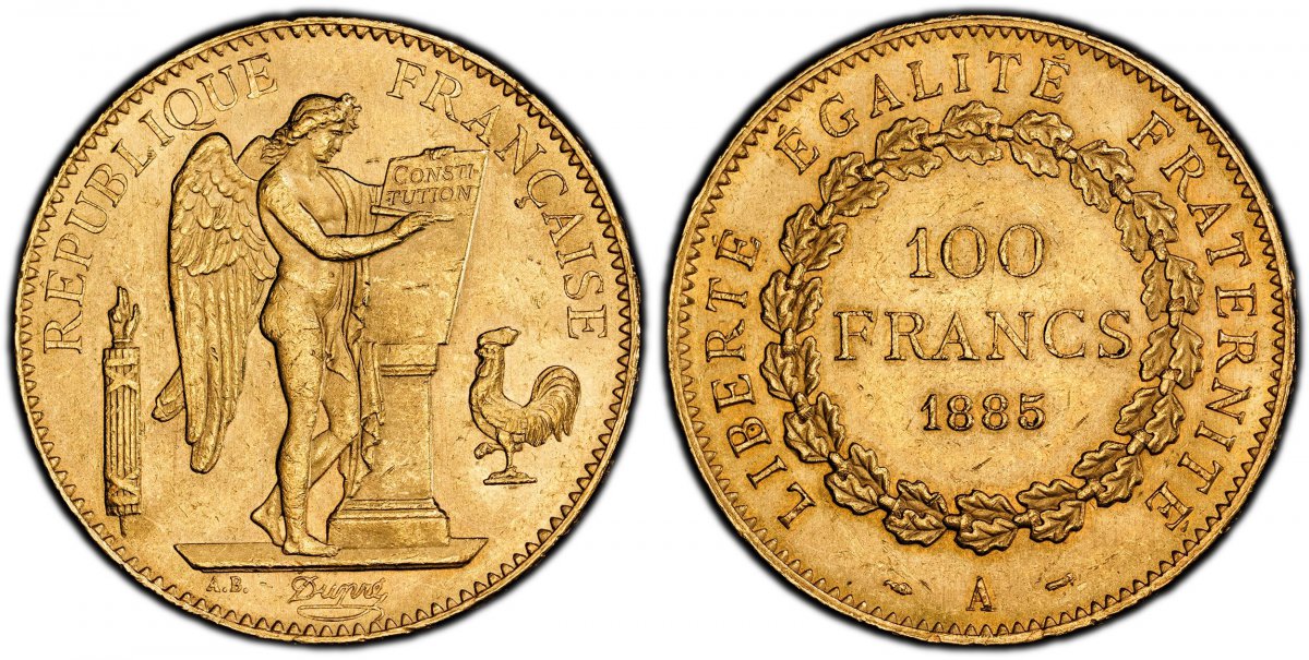 World Coins ("FRANCE. 1885-A AV 100 Francs. PCGS MS64. Paris. Edge: DIEU PROTEGE LA FRANCE. Standing Genius writing the Constitution, rooster on right, fasces on left / Denomination above date within circular wreath. KM 832; Gad.-1137; F-552.
2894 pieces minted.
Pl)