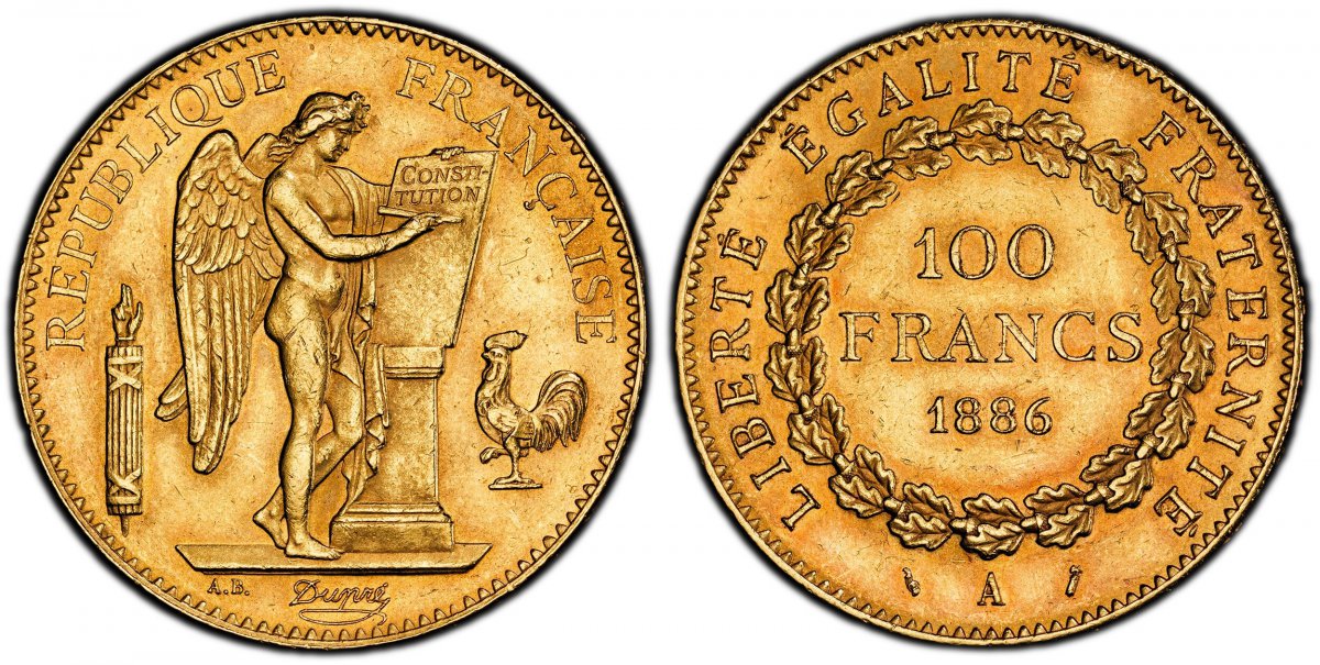 World Coins ("FRANCE. 1886-A AV 100 Francs. PCGS MS63. Paris. Edge: DIEU PROTEGE LA FRANCE. Standing Genius writing the Constitution, rooster on right, fasces on left / Denomination above date within circular wreath. KM 832; Gad.-1137; F-552.
Please use this link to)
