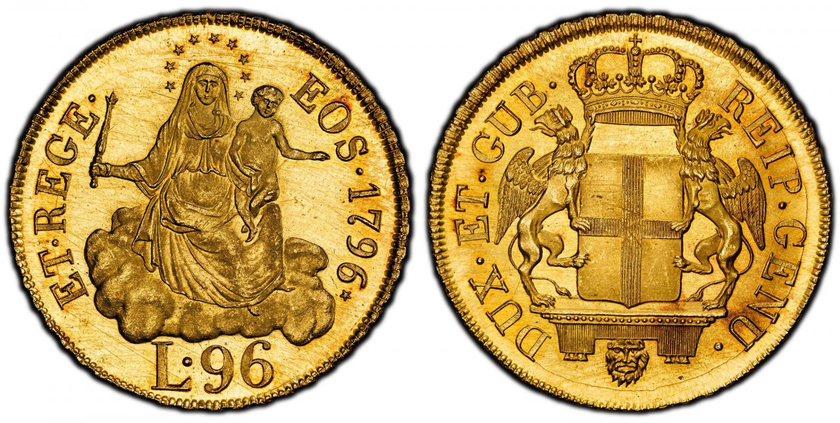 World Coins ("ITALIAN STATES. Genoa. 1796? (1814) AV 96 Lire. PCGS MS65?.  33.75mm. 25.21gm. DUX · ET · GUB REIP · GENU ·. Crowned arms with supporters on mantle above lion head / ET · REGE ·  EOS ·. Madonna and child above value. KM 251; Fr.-444.

The more scarce Res)