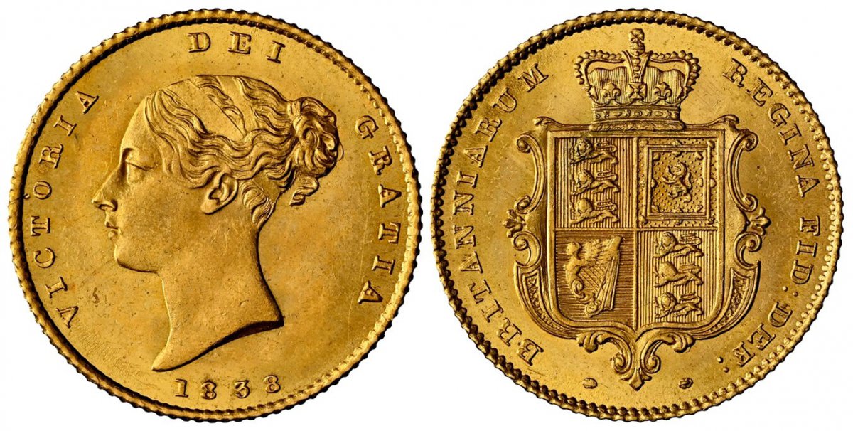 World Coins ("GREAT BRITAIN. Victoria. (Queen, 1837-1901). 1838 AV Half-Sovereign. NGC MS63.  Edge: Milled. VICTORIA DEI GRATIA. Head left / BRITANNIARUM REGINA FID: DEF:. Crowned mantled shield of arms. KM 735.1; SCBC-3859; EGC-1231; Marsh 414; MCE 561.

Please use t)