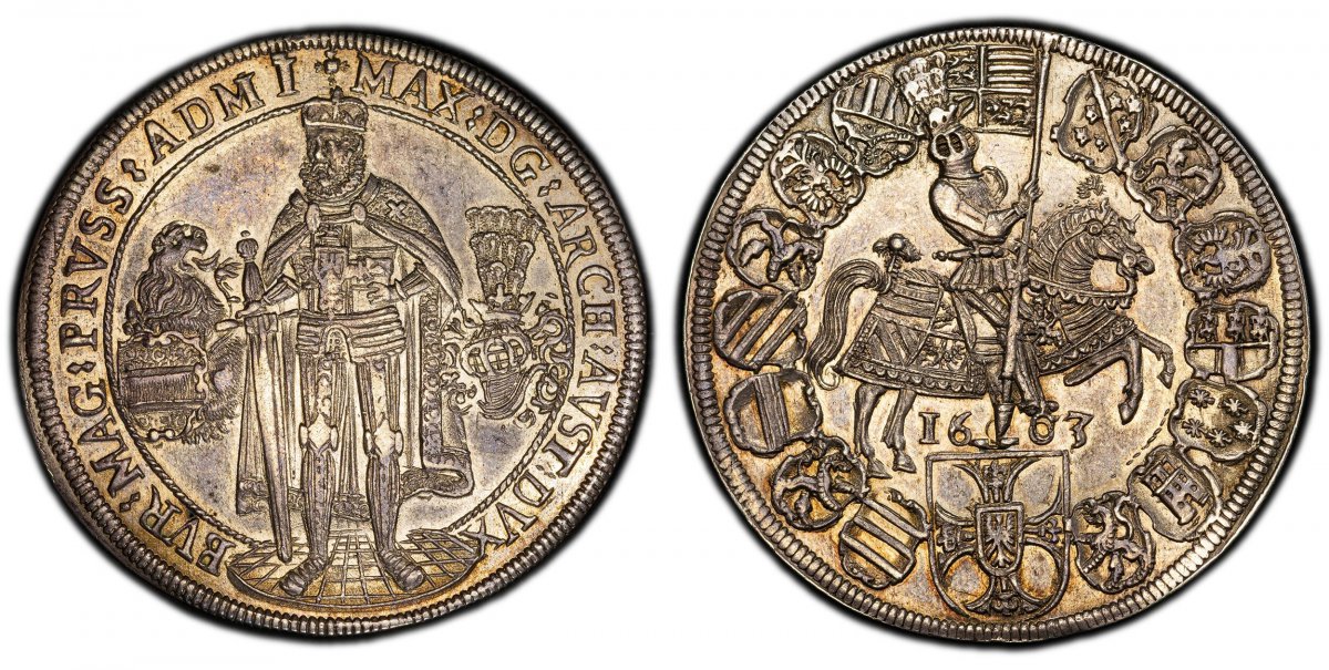 World Coins ("GERMAN STATES. Teutonic Order. Maximilian. 1603 ""16003"" AR Thaler, 32 Groschen. PCGS AU58.  Hall. Master standing on ground, arms at left, helmet at right / Emperor on horseback in circle of shields, date below. KM 3; Dav.-5848; Moser & Tursky 366; Dud)