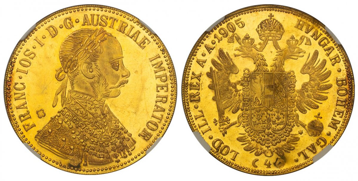 World Coins ("BULGARIA. Franz Joseph I. 1905, though struck circa 1918 AV 4 Ducats. NGC MS63 PL (Prooflike). Sofia mint. (Shield of arms). Laureate, armored bust right / Crowned imperial double eagle. cf. KM 2276 (Austria); Schlumberger 56.
Imitating issue from Aust)