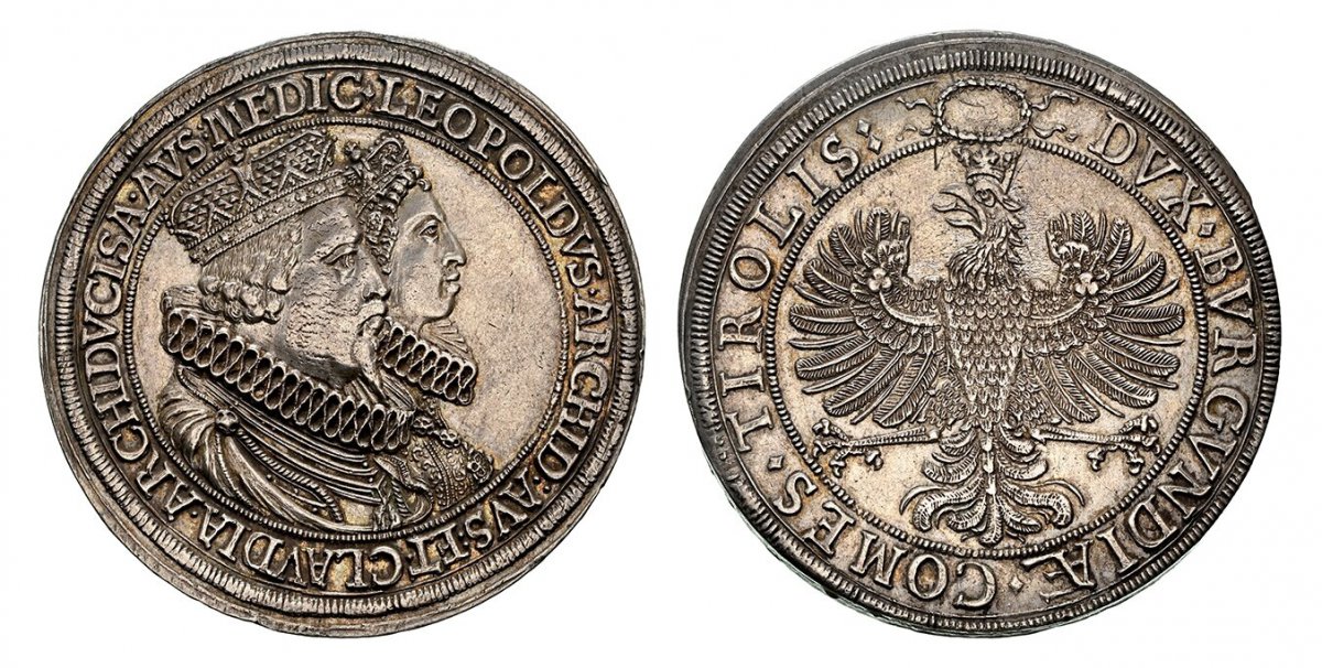 World Coins ("AUSTRIA. Leopold. (Archduke, 1619-1632). (1626) AR 2 Thaler. NGC MS61. Hall. .LEOPOLDVS.ARCHID:AVS:ET.CLAVDIA:ARCHIDVCISA.AVS:MEDIC. Conjoined busts of Leopold and Claudia right / Crowned eagle within inner circle, legend around. KM 639 (Prev. KM 808); )
