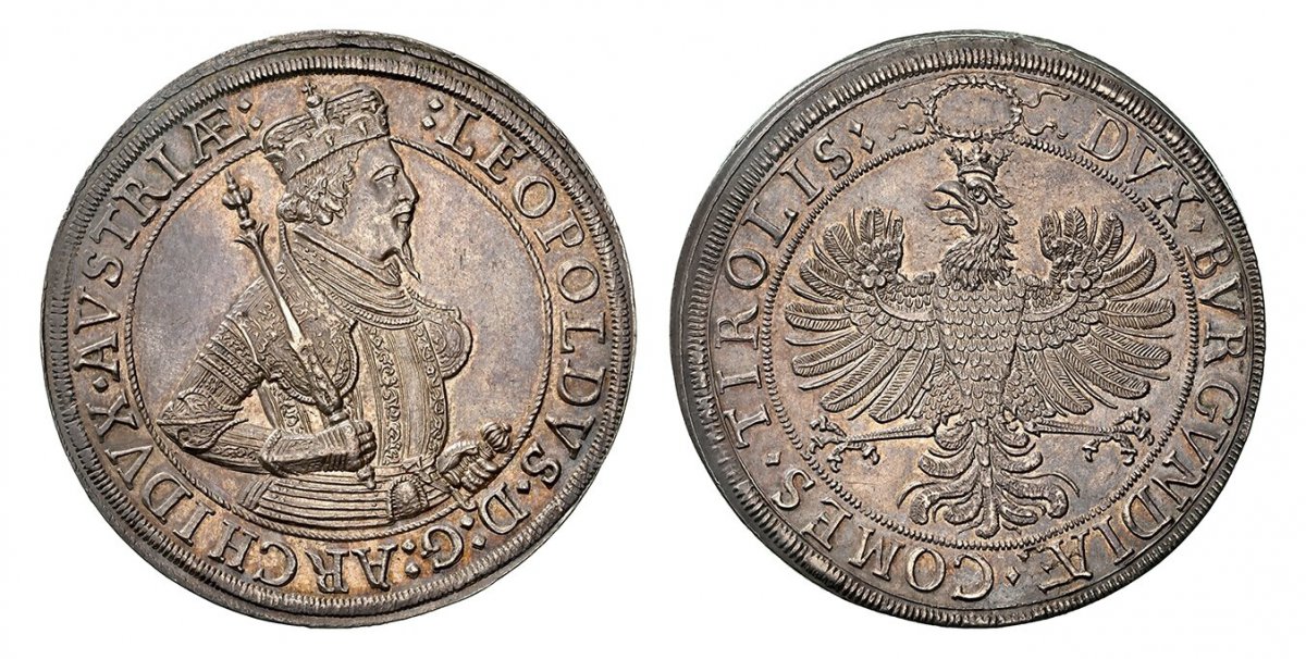 World Coins ("AUSTRIA. Leopold. (Archduke, 1619-1632). (1625) ND AR 2 Thaler. NGC MS63. Hall. Crowned half-length bust, right; scepter over right shoulder, left hand on hilt / Crowned eagle within inner circle, legend around. KM 609.1 (Prev. KM 807.1); Dav.-3335; Mos)