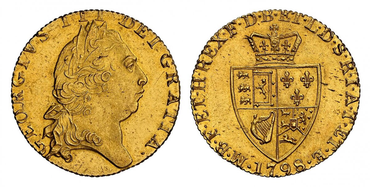 World Coins ("GREAT BRITAIN. George III. (King, 1760-1820). 1798 AV Guinea. NGC MS64.  8.42gm. GEORGIVS III DEI GRATIA ·. Laureate head right / F · D · B · ET · L · D · S · R · I · A · T · ET · E · - M · B · F · ET · H · REX ·. Crowned 4-fold spade arms. KM 609; SCBC-)