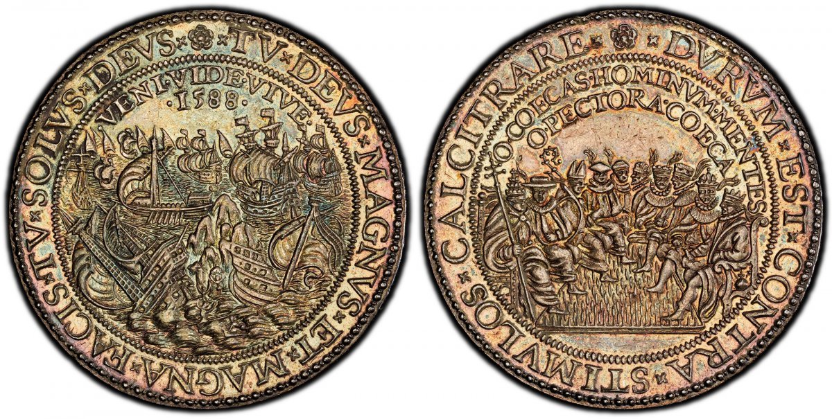 World Coins ("NETHERLANDS. Holland. 1588 AR Medal. PCGS MS62.  By Gerhard van Bijlaer (unsigned). Edge: Plain. 52mm. 45.97gm. Philip II and other Catholic heads of Church and State seated, blindfolded, with feet on spiked floor / The Spanish fleet driven against rocks)