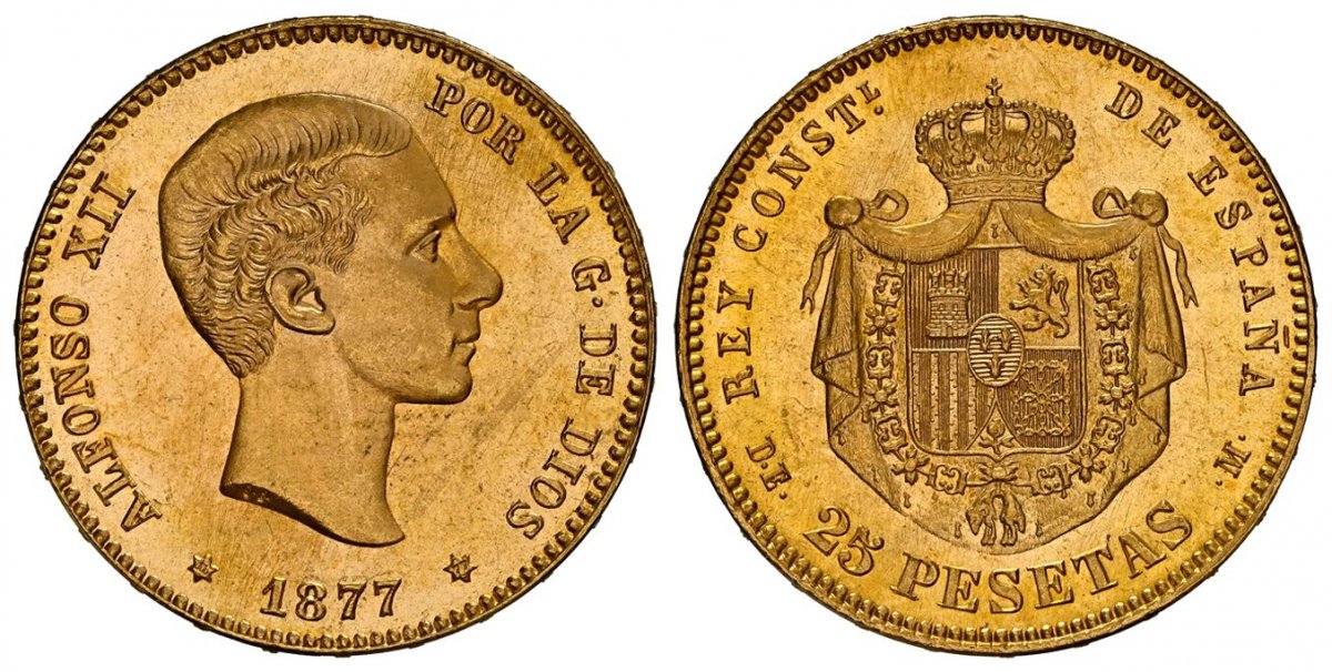 World Coins ("SPAIN. Alfonso XII. 1877 (77)-(6-pointed star) DE-M AV 25 Pesetas. NGC MS67.  ALFONSO XII... Young head right / REY CONST... Crowned mantled arms. KM 673.

Third Decimal Coinage. Currently the finest known at NGC as of January 2026

Please use this link )