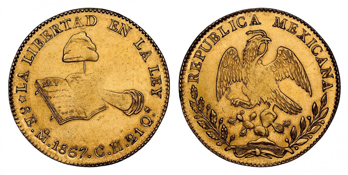 World Coins ("MEXICO. 1867-Mo CH AV 8 Escudos. NGC MS63.  Mexico City. REPUBLICA MEXICANA. Facing eagle, snake in beak / LA LIBERTAD... Hand holding cap on stick, open book. KM 383.1.

Please use this link to verify the NGC certification number <a href=""https://www.n)