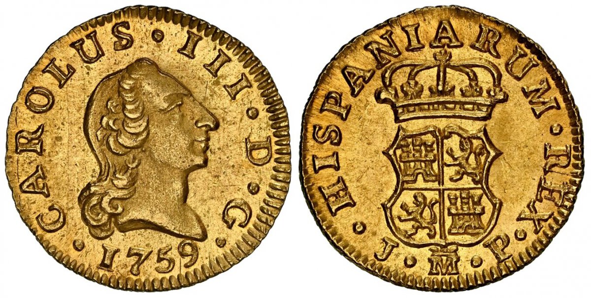 World Coins ("SPAIN. Charles III. (King, 1759-1788). 1759-(Crowned M) JP AV 1/2 Escudo. NGC MS64.  Madrid. CAROLUS  III · D · G ·. Head right, with hair in waves / HISPANIARUM · REX ·. Crowned arms. KM 389.1.

Currently the finest known as of January 2026

Please use )