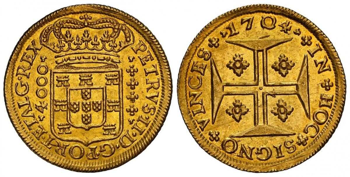 World Coins ("PORTUGAL. Peter II. 1704 AV 4000 Reis. NGC MS64.  Porto. PETRVS · II · D · G · PORT · E · TALG · REX. Crowned arms, vertical value at left, titles of Peter II at right / IN HOC SIGNO VINCES. Jerusalem cross with quatrefoils in angles, date above. KM 156.)