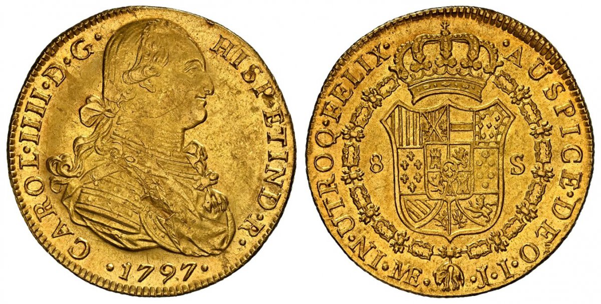 World Coins ("PERU. 1797-LIMAE JI AV 8 Escudos. NGC MS62.  Lima. CAROL · IIII... Bust of Charles IIII, right / VTROQ · FELIX · AUSPICE · DEO. Crowned arms in order chain. KM 101.

Currently the finest known at NGC as of January 2026

Please use this link to verify the)