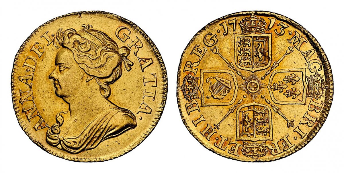 World Coins ("GREAT BRITAIN. Anne. (Queen, 1702-1714). 1713 AV Guinea. NGC AU55.  ANNA · DEI · - GRATIA ·. Third bust left / MAG - BRI · FR - ET · HIB - REG ·. Crowned shields in cruciform, sceptres at angles. KM 534; SCBC 3574; Friedberg 320.

Please use this link to)