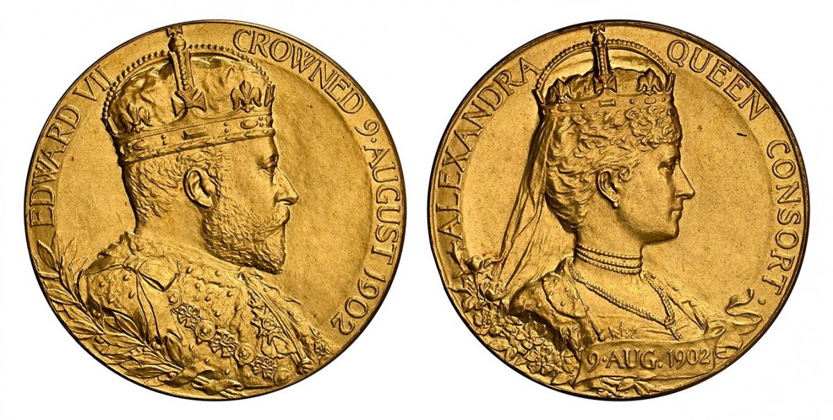 World Coins ("GREAT BRITAIN. Edward VII. (King, 1901-1910). 1902 AV Medal. NGC MS65.  By G W de Saulles. 31mm. EDWARD VII CROWNED 9. AUGUST 1902. Crowned bust of the King right / ALEXANDRA QUEEN CONSORT. Crowned bust of Alexandra right. BHM 3737; Eimer 1871b.

For the)