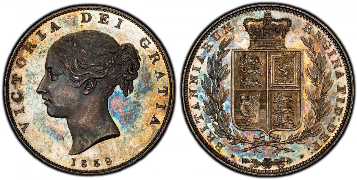 World Coins ("GREAT BRITAIN. Victoria. (Queen, 1837-1901). 1839 AR Halfcrown. PCGS PR64.  VICTORIA DEI GRATIA. Head left / BRITANNIARUM REGINA FID: DEF:. Crowned arms within branches. KM 740. Proof. Plain edge; SCBC-3885.

Please use this link to verify the PCGS certi)