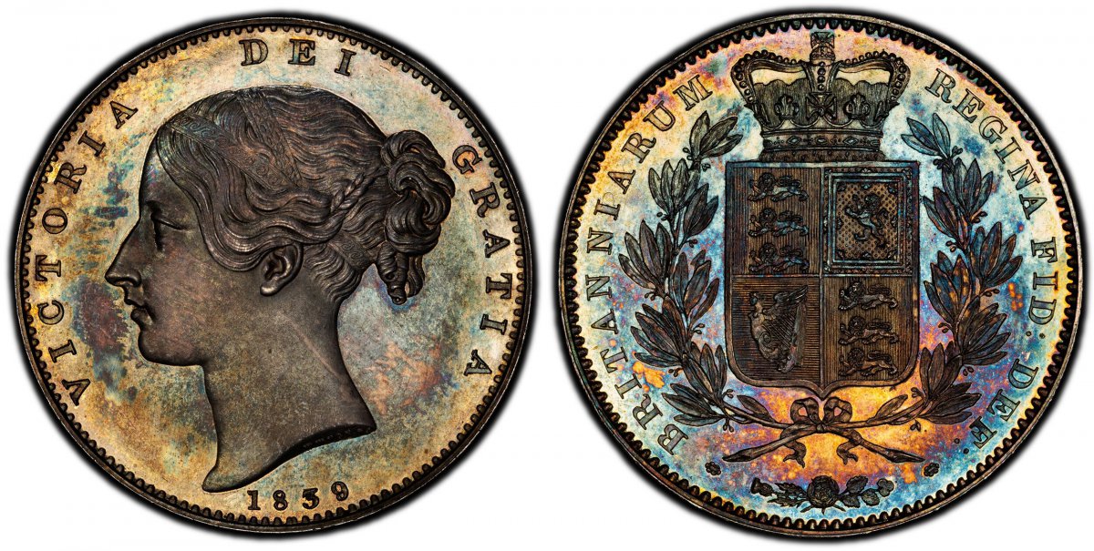 World Coins ("GREAT BRITAIN. Victoria. (Queen, 1837-1901). 1839 AR Crown. PCGS PR64.  Edge: Plain. VICTORIA DEI GRATIA. Head left / BRITANNIARUM REGIBA FID: DEF:. Crowned arms within branches. KM 741. Proof; SCBC-3882; Dav.-105.

Please use this link to verify the PCG)