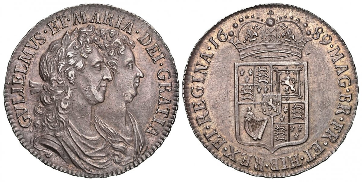 World Coins ("GREAT BRITAIN. England. William and Mary. (Monarchs, 1689-1694). 1689 AR Halfcrown. NGC AU55.  London. Edge: PRIMO. 34mm. First busts of William and Mary, conjoined and facing right / First crowned shield. KM 472.1; ESC-838 (Prev.-509); SCBC 3435.
Ex. CN)