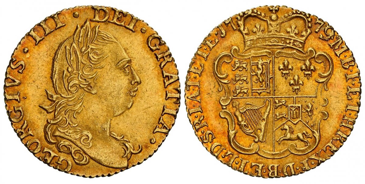 World Coins ("GREAT BRITAIN. George III. (King, 1760-1820). 1779 AV Half-Guinea. NGC MS62+.  GEORGIVS · III · DEI · GRATIA ·. Smaller head, laurel wreath ends below legend / F · D · B · ET · L · D · S · R · I · A · T · ET · E · - M · B · F · ET · H · REX ·. Crowned 4-)