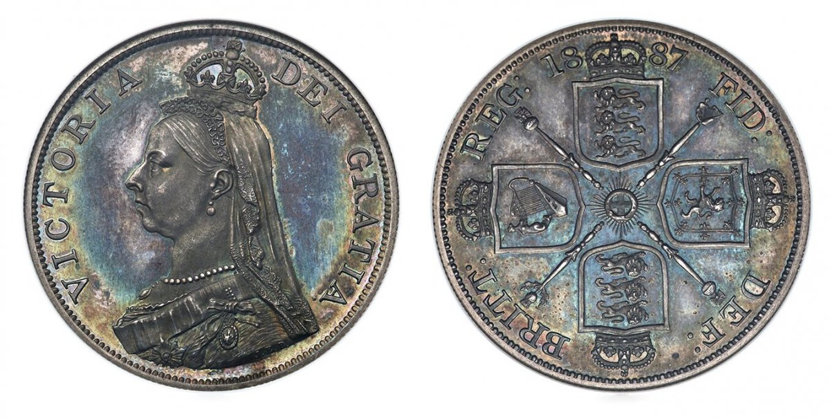 World Coins ("GREAT BRITAIN. Victoria. (Queen, 1837-1901). 1887 AR Double Florin. NGC PF64.  VICTORIA DEI GRATIA. Coroneted bust left / Sceptres divide crowned arms at corners. KM 763. Arabic 1; SCBC-3923.
Housed in an old NGC holder.

Please use this link to verify t)