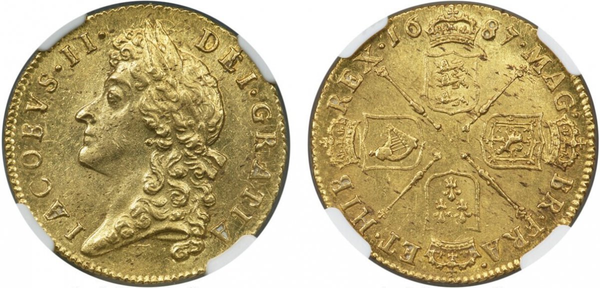 World Coins ("GREAT BRITAIN. England. James II. (King, 1685-88). 1687 AV Guinea. NGC MS64.  Second laureate bust of James II left / Crowned cruciform shields, scepters in angles. KM 459.1; SCBC-3402.

Currently the finest known at NGC as of January 2026

Please use th)