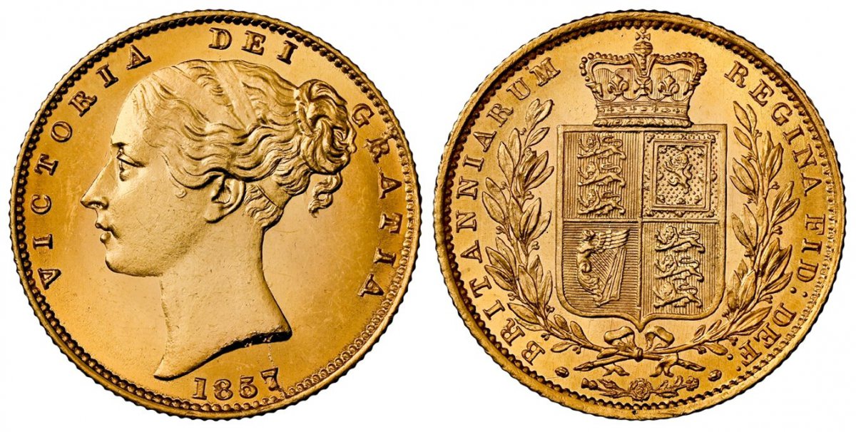 World Coins ("GREAT BRITAIN. Victoria. (Queen, 1837-1901). 1857/5 AV Sovereign. NGC MS65.  VICTORIA DEI GRATIA. Head left / BRITANNIARUM REGINA FID: DEF:. Without die number. KM 736.1; SCBC-3852D; Marsh-unlisted.

Overdate variety. Superb and exceptional; currently th)