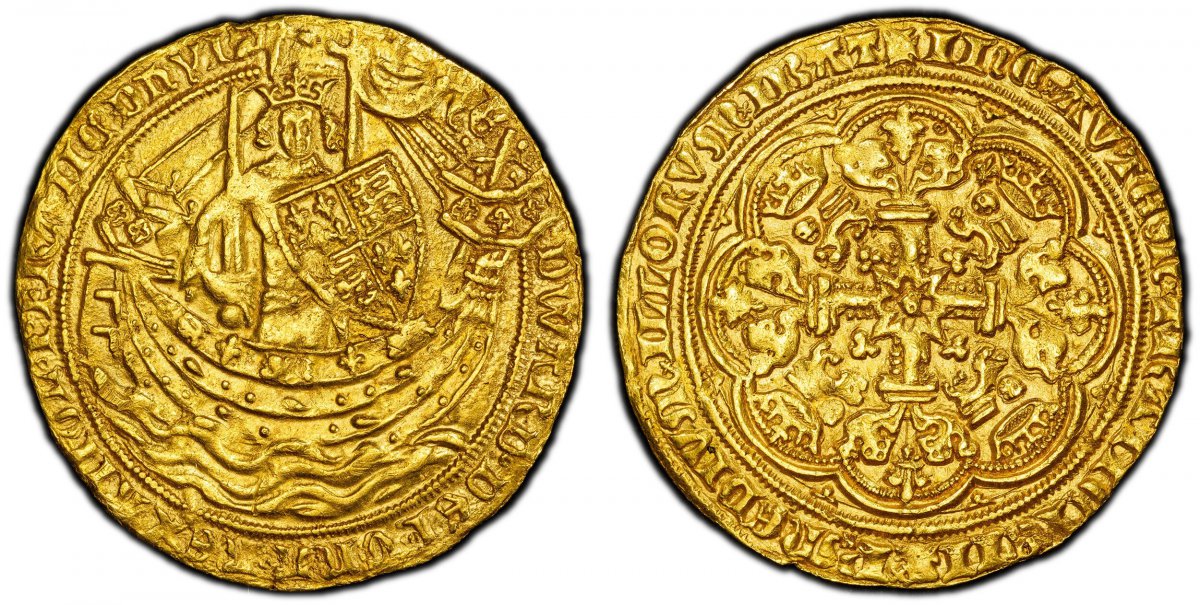 World Coins ("GREAT BRITAIN. England. Edward III. (King, 1327-1377). (1351-52) ND-(Cross-1) AV Noble. PCGS AU58.  London. 7.62gm. EDWARDVS DEI GRA REX ANGL Z FRANC D hYB. King standing facing in ship holding sword and shield; annulet stops in legend / IhC AVTEM TRANSI)