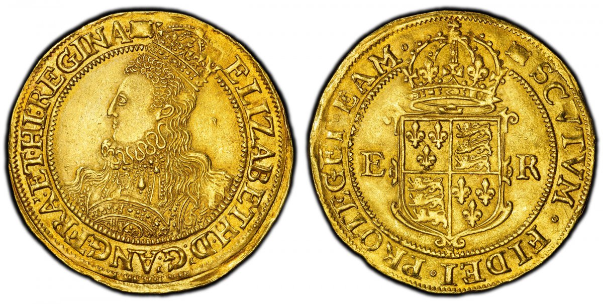 World Coins ("GREAT BRITAIN. England. Elizabeth I. (Queen, 1558-1603). (1592-95)-(Tun) AV Pound. PCGS AU58.  Tower Mint, London. 11.23gm. (tun) ELIZABETH:D;G;ANG;FRA;ET:HIB;REGINA. Crowned bust 7A left with long hair and richly ornamented dress / SCVTVM:FIDEI:PROTEGET)