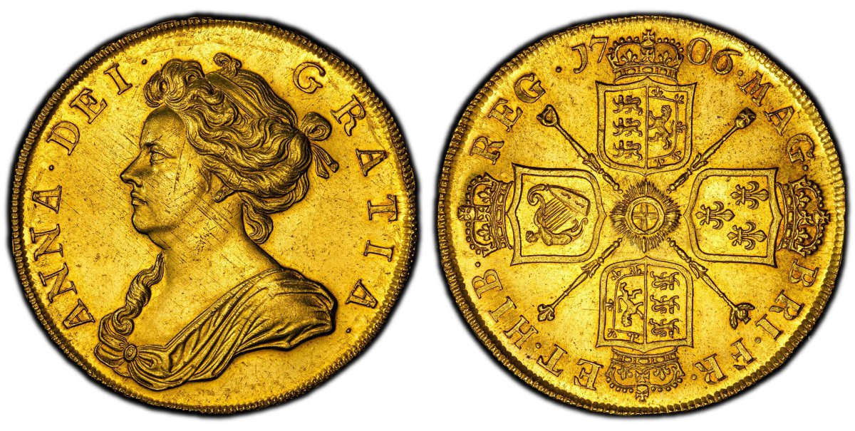World Coins ("GREAT BRITAIN. England. Anne. (Queen, 1702-1714). 1706 AV Five Guineas. PCGS MS61.  38.3mm. 41.80gm. ANNA · DEI · - GRATIA ·. Without VIGO below bust / MAG - BR · FRA - ET · HIB - REG ·. Crowned shields in cruciform, scepters at angles. KM 520.2; SCBC-35)