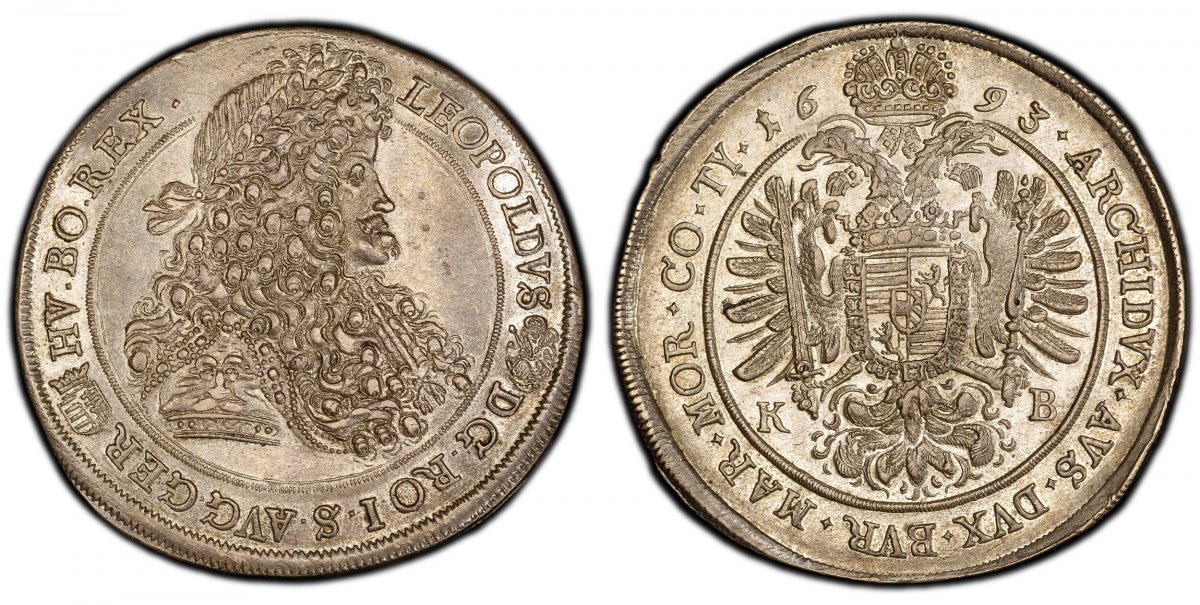 World Coins ("HUNGARY. Leopold I. (Holy Roman Emperor, 1657-1705). 1693-KB AR Thaler. PCGS MS62.  Kremnica (Kremnitz). Smaller laureate, armored bust, right; breaking inner circle at top, Hungarian shield and Madonna and Child in legend / Crowned, nimbate Imperial eag)