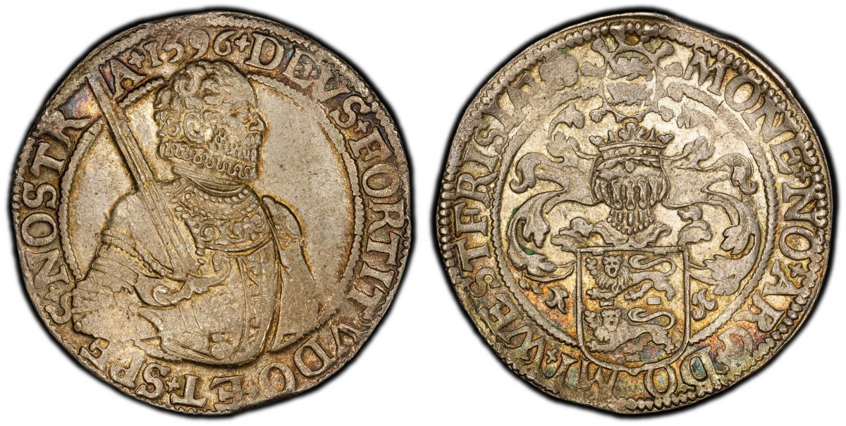 World Coins ("NETHERLANDS. West Friesland. Willem the Silent. 1596 AR Daalder. PCGS MS62.  Armored bust, right; holding sword over shoulder / Large elaborate tournament helm above arms. KM 6; Dav.-8865; Delmonte S924.

Please use this link to verify the PCGS certifica)
