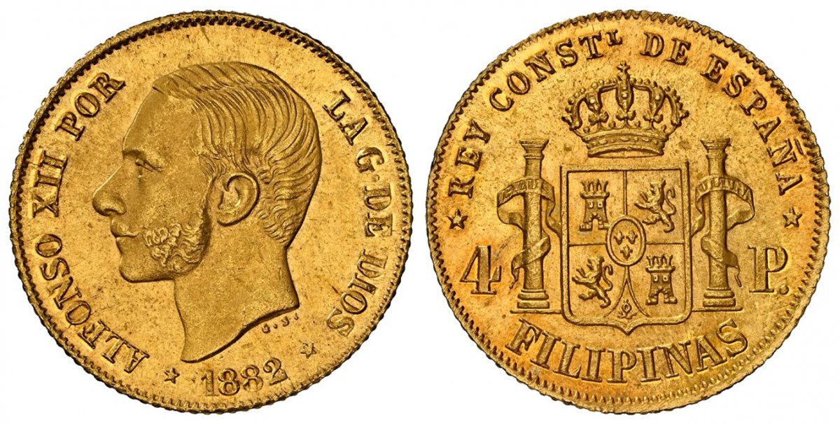 World Coins ("PHILIPPINES. 1882 AV 4 Pesos. NGC MS65.  Head left / Crowned arms, pillars divides value. KM 151; Calico 127; Fr.-4.

Please use this link to verify the NGC certification number <a href=""https://www.ngccoin.com/certlookup/5886433-002/65/""5886433002</a)