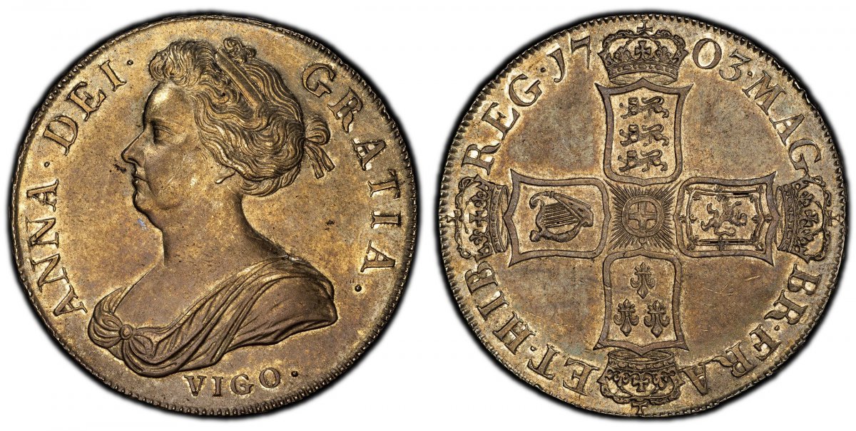 World Coins ("GREAT BRITAIN. England. Anne. (Queen, 1702-1714). 1703 AR Crown. PCGS MS61.  ANNA · DEI · - GRATIA ·. VIGO below bust / MAG - BR · FRA - ET HIB - REG ·. Crowned shields in cruciform. KM 519.1; SCBC-3576; Dav.-1338.

Struck from silver seized at Vigo Bay,)