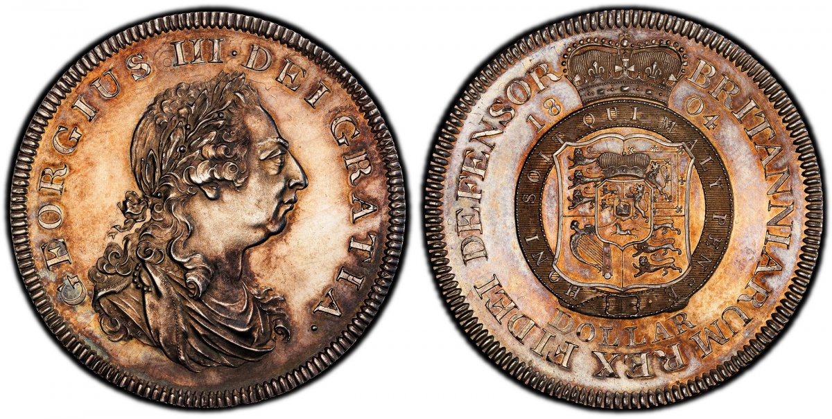 World Coins ("GREAT BRITAIN. George III. (King, 1760-1820). 1804 AR Pattern Bank Garter Dollar (Five Shillings). PCGS PR61.  By Küchler (Eng.) for Matthew Boulton . Soho Mint, Birmingham. GEORGIUS III • DEI GRATIA •. Laureate bust, right; .: C.H.K. on truncation / B)