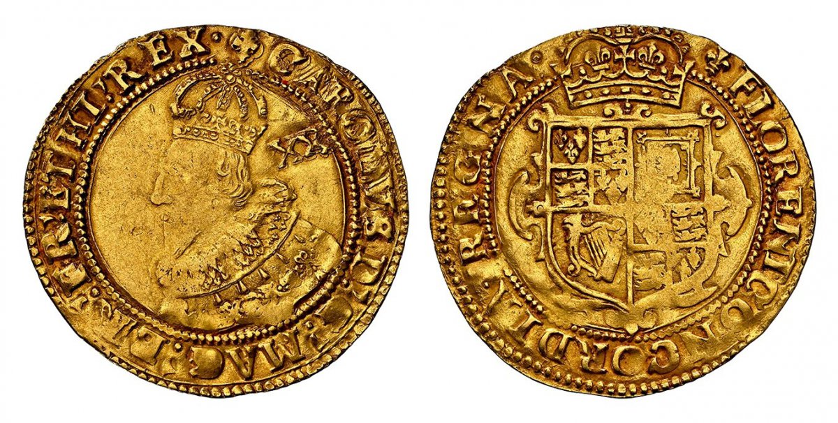 World Coins ("GREAT BRITAIN. England. Charles I. (King, 1625-1649). (1625) ND-(lis) AV Unite. NGC XF45.  Tower. 8.94gm. First crowned bust, left; wearing ruff and collar, mark of value behind / Crowned, square-topped, garnished shield of arms. KM 150; SCBC-2685; North)