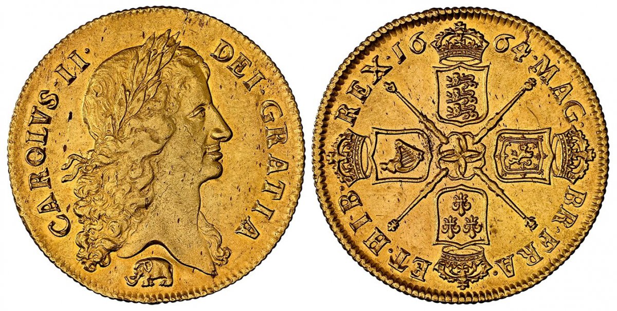 World Coins ("GREAT BRITAIN. England. Charles II. (King, 1660-1685). 1664 Elephant AV Two Guineas. NGC AU58.  Laureate bust of Charles II right, elephant below bust / Crowned cruciform arms with scepters in angles, date divided at top. KM 425.1; SCBC-3334.

Lustrous a)