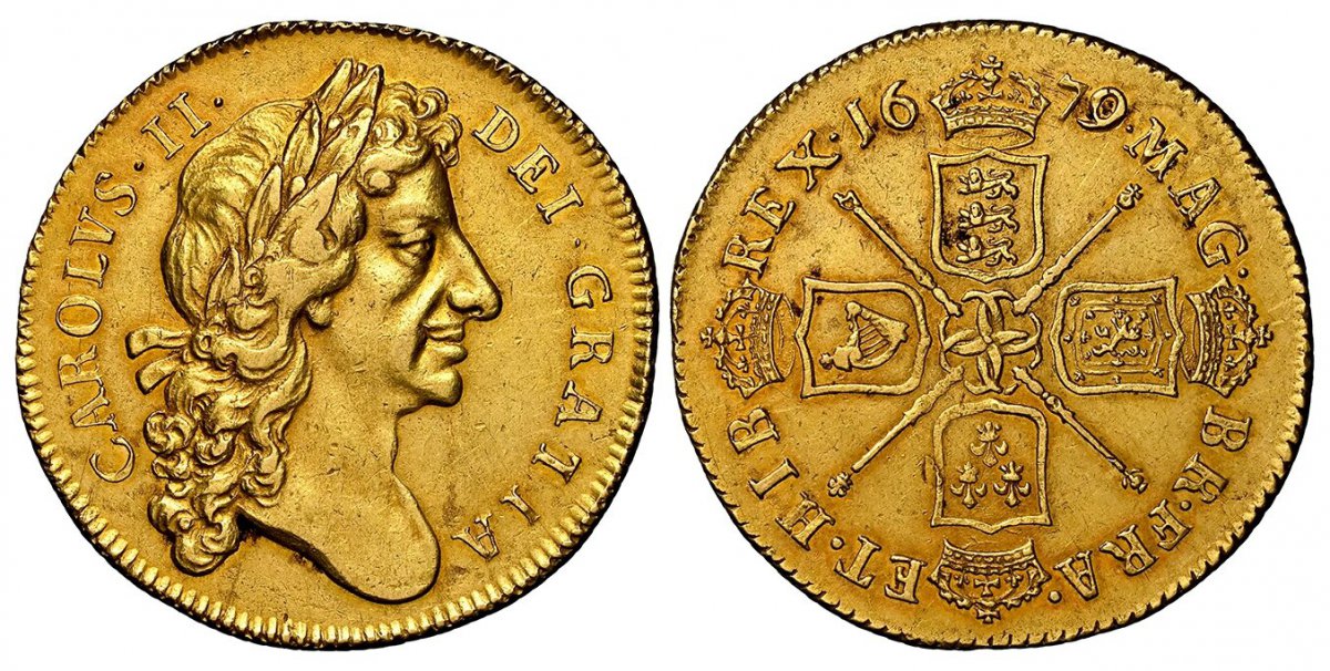 World Coins ("GREAT BRITAIN. England. Charles II. (King, 1660-1685). 1679 AV Two Guineas. NGC AU55.  Rounded truncation / Crowned cruciform arms with scepters in angles. KM 443.1; SCBC-3335; ESG-216 (Bull); Fr.-284.
Ex Traveller Collection; Ex Glendining sale 15 Decem)