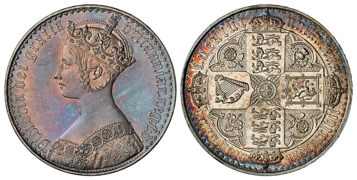 World Coins ("GREAT BRITAIN. Victoria. (Queen, 1837-1901). 1847 AR Gothic Crown. NGC PR63.  By W. Wyon. Royal Mint. Edge: UNDECIMO. VICTORIA DEI GRATIA BRITANNIAR. REG: F:D. Crowned bust left / TUEATUR UNITA DEUS, ANNO DOM MDCCCXLVII. Crowned shields of England, Scotl)